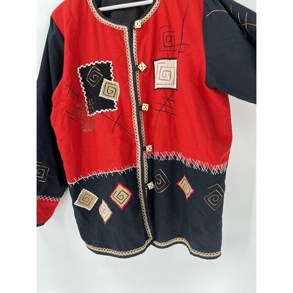 Fashion Bug Vintage Jacket Womens 14/16 Red Black Button Embroidered Patchwork - Picture 6 of 16